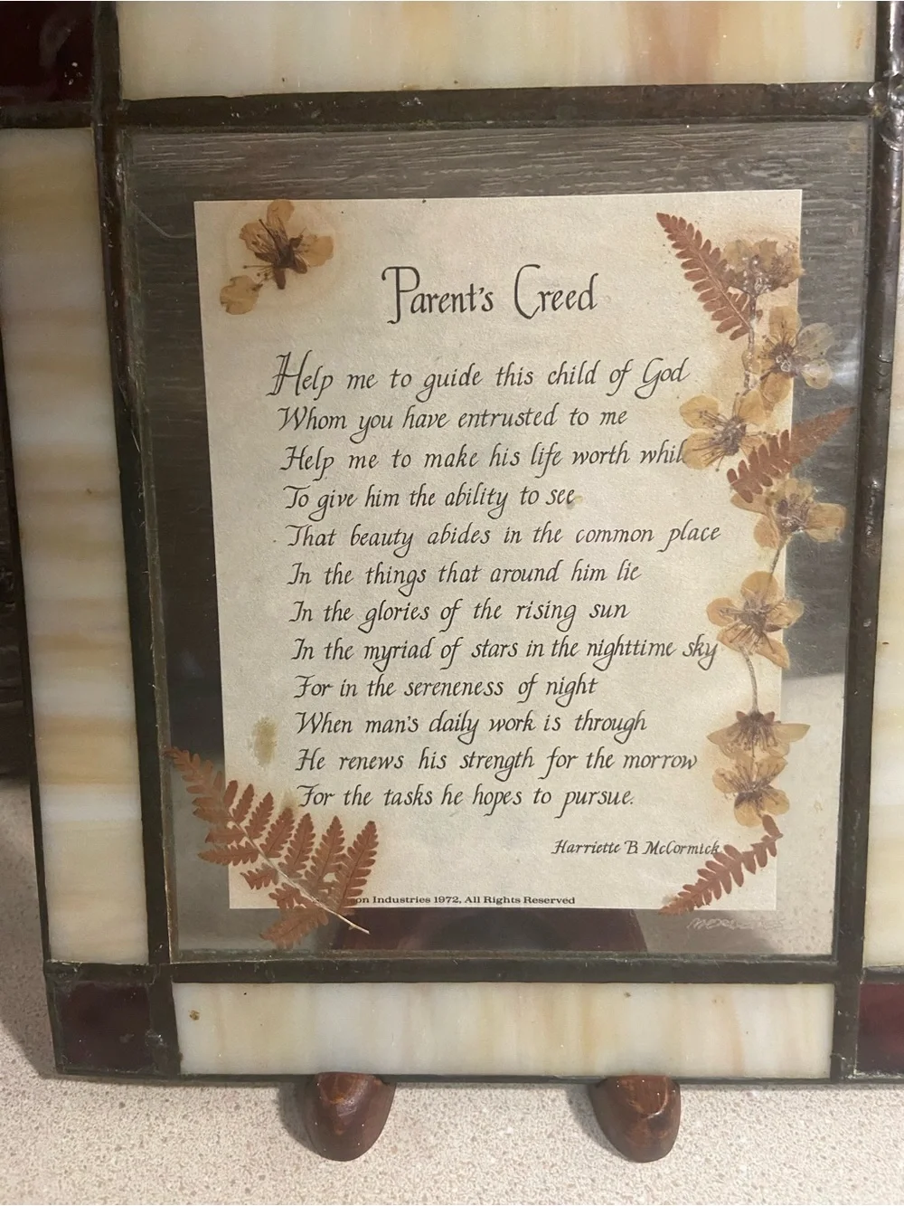 Vintage Wall Hanging Parents Creed Framed in Stained Glass Border